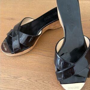 Jimmy Choo Glossy Black Wedge Sandals